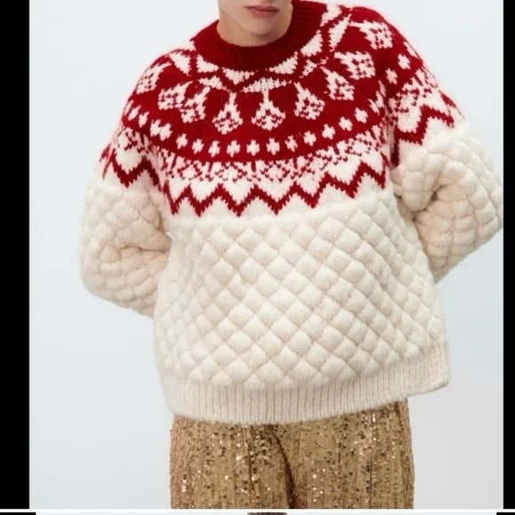 Zara Oversized Knit Jacquard Sweater Ivory Red Size Medium - Picture 16 of 16